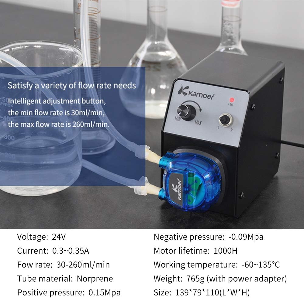 Kamoer KCP PRO2 40-210ml/min hoge stroom peristaltische pomp 12V dc variabele snelheid kleine doseerpomp voor laboratorium chemisch experiment met Norprene buis 3.2mm ID× 6.4mm OD en voedingsadapter