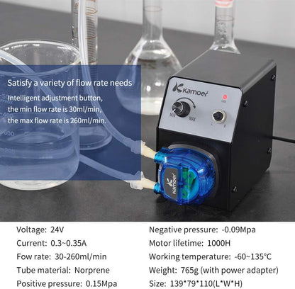 Kamoer KCP PRO2 40-210ml/min hoge stroom peristaltische pomp 12V dc variabele snelheid kleine doseerpomp voor laboratorium chemisch experiment met Norprene buis 3.2mm ID× 6.4mm OD en voedingsadapter