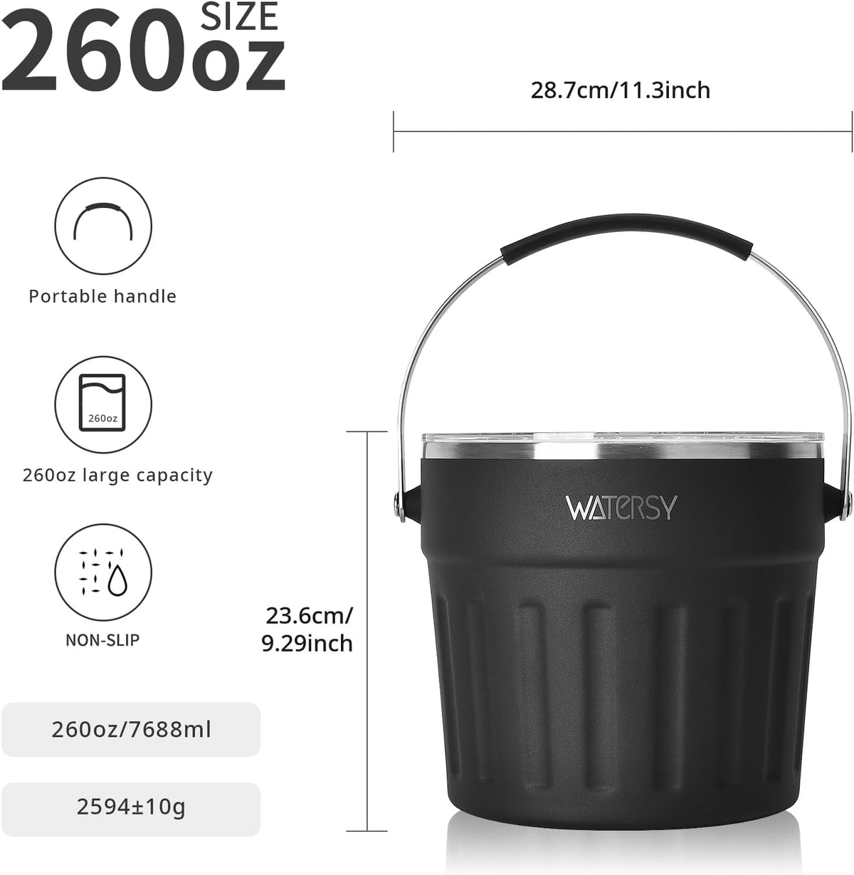 WATERSY Roestvrijstalen Ijsemmer 7,6L - met Deksel, Handvat, Ijstang en Schep - Dubbelwandig Geïsoleerd, Langdurige Koeling - voor Cocktail, Whisky, Wijn, Bier - voor Thuisbar, Feestjes en BBQ (Zwart)