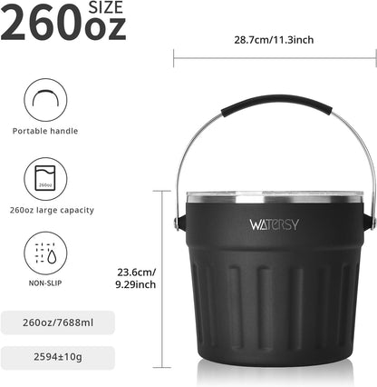 WATERSY Roestvrijstalen Ijsemmer 7,6L - met Deksel, Handvat, Ijstang en Schep - Dubbelwandig Geïsoleerd, Langdurige Koeling - voor Cocktail, Whisky, Wijn, Bier - voor Thuisbar, Feestjes en BBQ (Zwart)