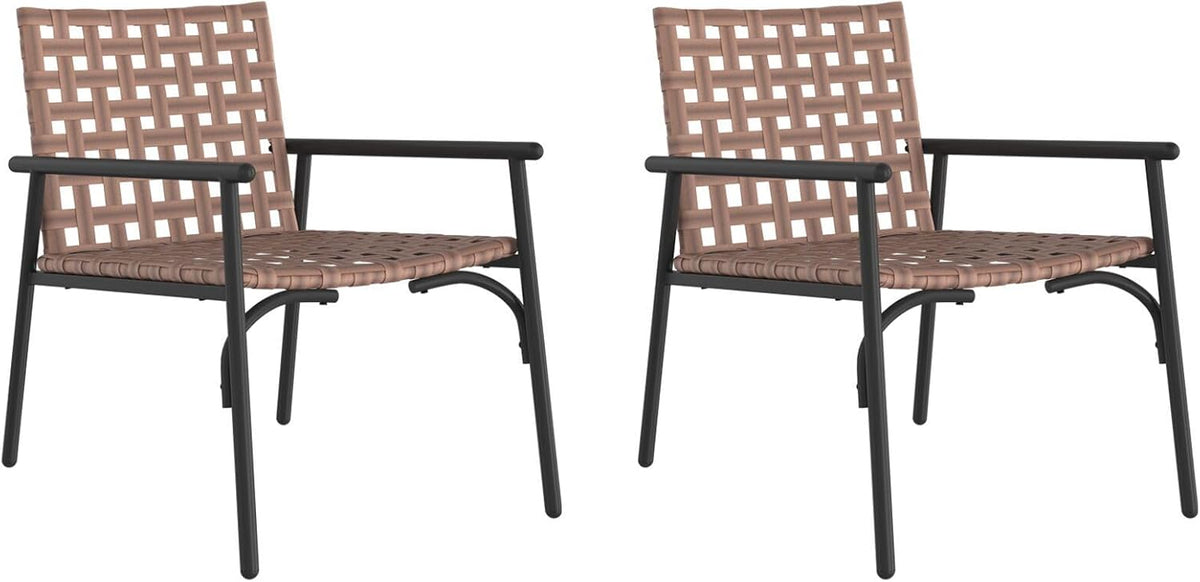 Garden Chair Set of 2 Synthetic Rattan, Brown with Metal Frame, Outdoor Chairs Set, Modern Braided Design, Resistant to - QUORE