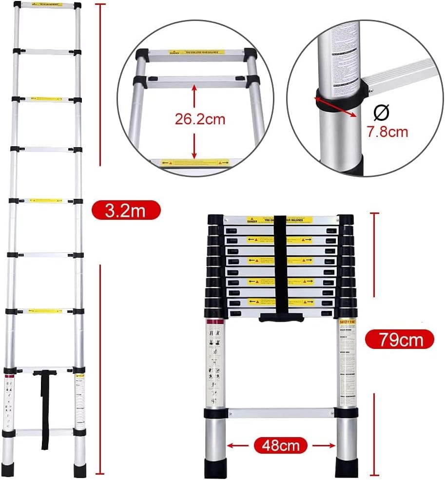 T-LoVendo Telescopische staande ladder van aluminium, licht, draagbaar en uittrekbaar, ideaal voor garage of auto, 3,2 m