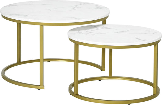 HOMCOM Set of 2 Coffee Tables, Round Side Table, Coffee Table with Steel Frame, Stackable, Sofa Table with Marble Look for Living Room, Up to 30 kg, White - QUORE