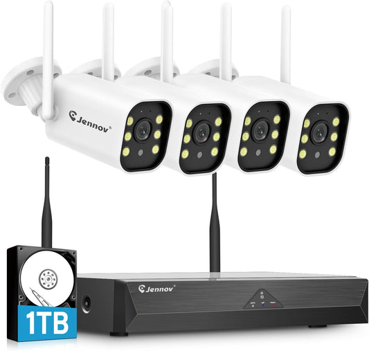 Jennov 5MP Bewakingscamera Set, 10CH 5MP WLAN NVR met 4x WiFi Buitencamera met 120° Groothoek, 24/7-opname, Persoonsdetectie, 2-Wege-Audio, Kleuren-nachtzicht, 1TB