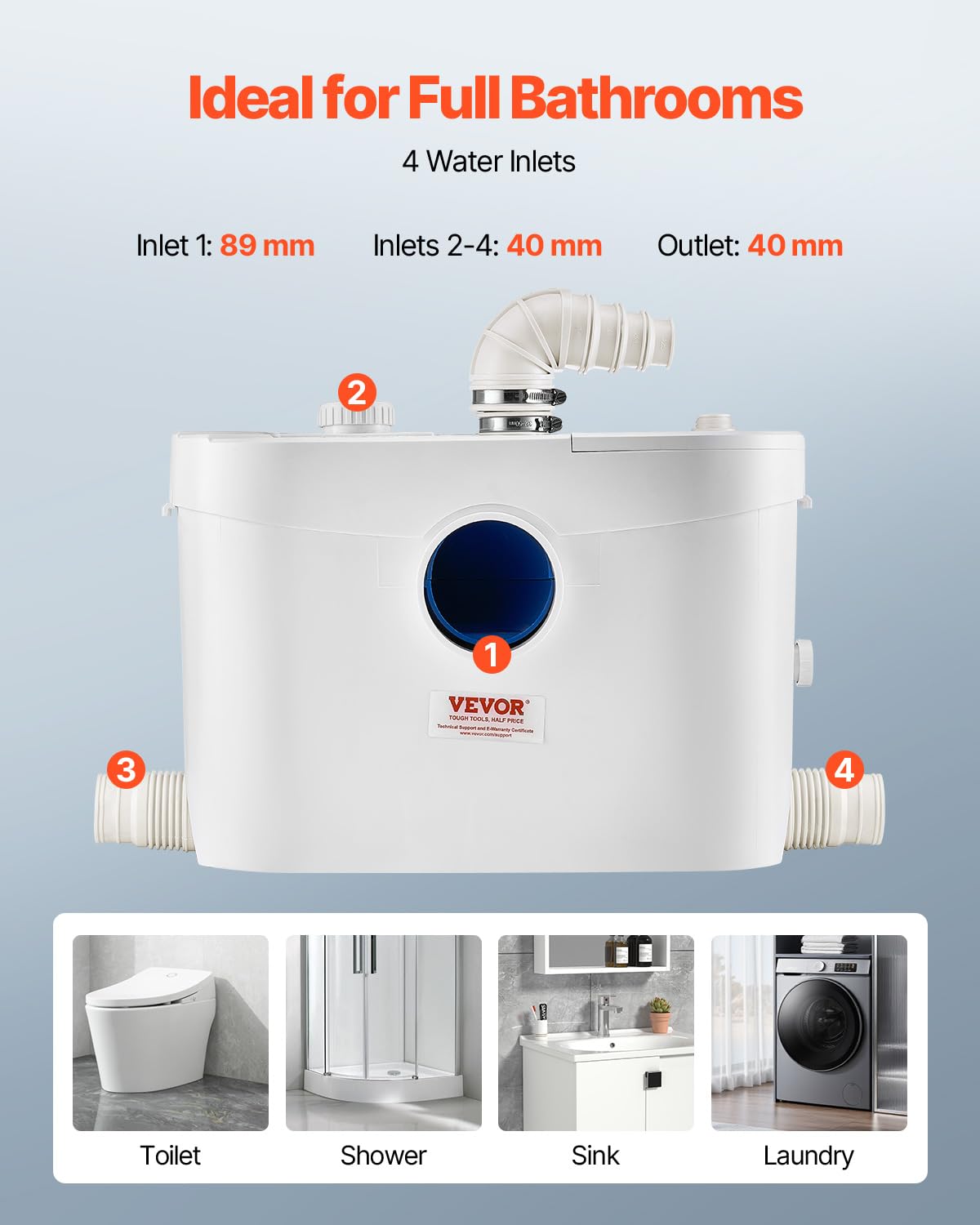 VEVOR 900 W Toilet Reduction Pump Head 12 m with 4 Water Inputs, Wastewater Drainage Machine for Toilet, Basement, Shower, Washbasin, Laundry