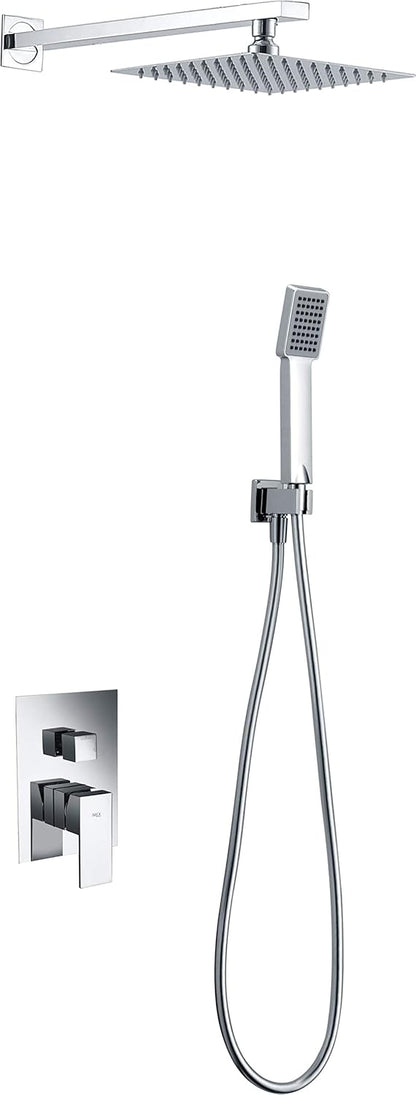 Douche Set – Regendouche – Handdouche – Kraan – Douchekraan – Vierkante Hoofddouche 25x25 cm – Verchroomd Messing – Instelbare Waterdruk 6 Bar