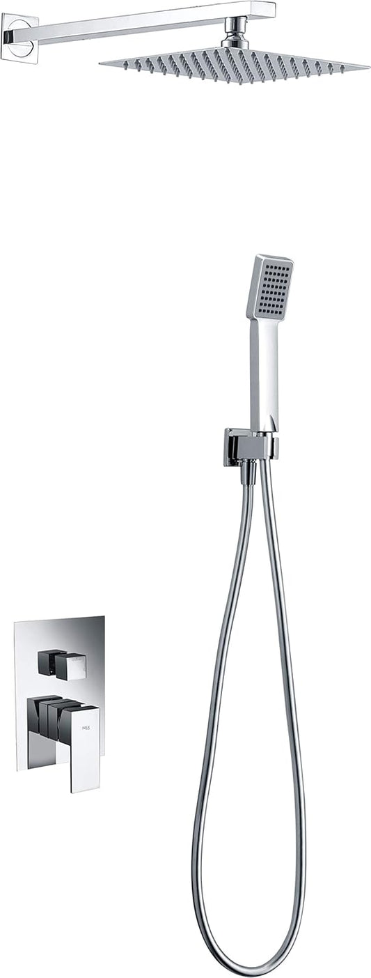 Douche Set – Regendouche – Handdouche – Kraan – Douchekraan – Vierkante Hoofddouche 25x25 cm – Verchroomd Messing – Instelbare Waterdruk 6 Bar