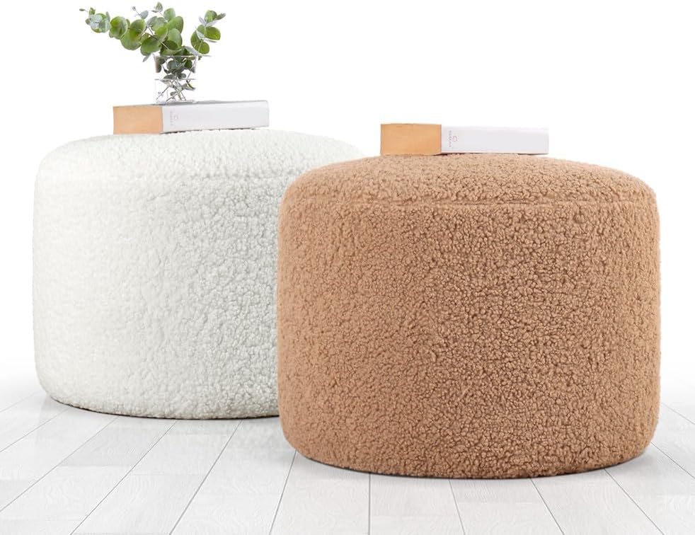 Moderne witte poef, 39 cm hoogte x 54 cm diepte, 100% kunstbont, 10 cm orthopedische spons, PVC gecoate verborgen legs, stijlvol Scandinavisch design