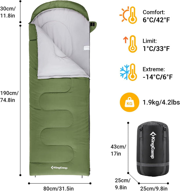 KingCamp Slaapzak, winter, outdoor, warme dekenslaapzak, draagbaar, licht, 3-4 seizoenen, camping, slaapzak voor kinderen en volwassenen op de camping, trekking, 1,9 kg