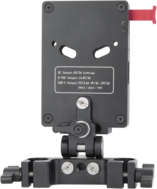 Nitze V-Mount Batterijplaat met 15 mm Staafklem en Verstelbare Arm, V Montageplaat 8V/3A DC, 14.8V/3A D-tap en PD 3.0 USB-C-Uitgangspoorten V Mount Battey Adapter - N21-D7B