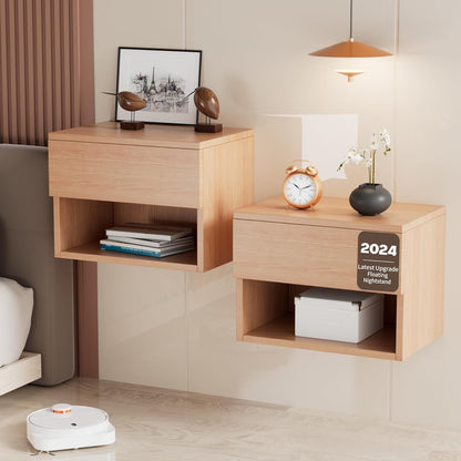 Drijvend nachtkastje, modern wandgemonteerd plank en bureau, bijzettafel houten lade, houten modern nachtkastje voor slaapkamer (beuken TC2, set van 2)