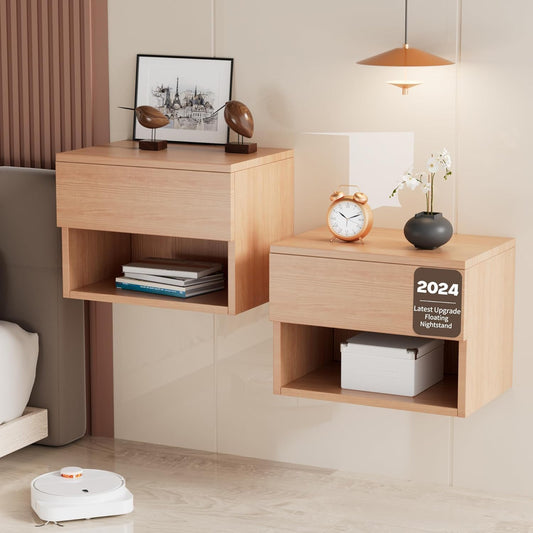 Drijvend nachtkastje, modern wandgemonteerd plank en bureau, bijzettafel houten lade, houten modern nachtkastje voor slaapkamer (beuken TC2, set van 2)