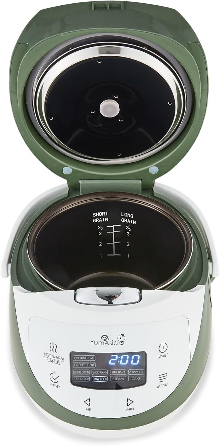 Yum Asia Panda Mini Rijstkoker Met Ninja Keramische Kom en Advanced Fuzzy Logic (3,5 kop, 0,63 liter) 4 Rijstkookfuncties, 4 Multicooker-functies, LED-display, 220-240V (Wit en saliegroen)