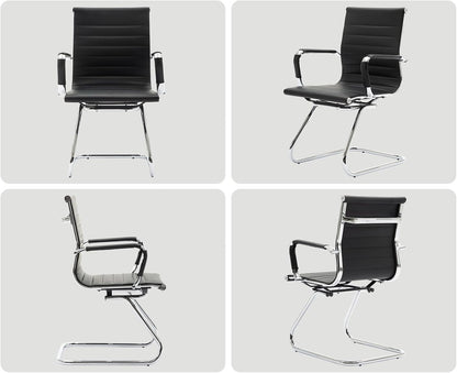 Freischwinger Stoel – Bezoekersstoel – Conferentiestoel – Kantoorstoel – Vergaderstoel – Ergonomisch – PU-Leren Bekleding – Set Van 2 Zwarte Stoelen Met Armleuningen