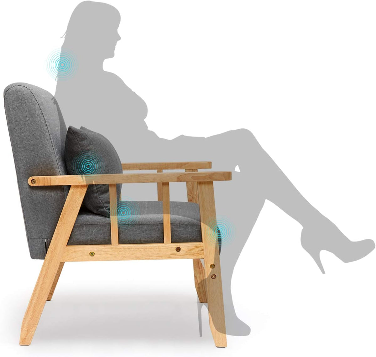 Mondeer Fauteuil, linnen, massief houten frame, retro met kussen, voor slaapkamer, woonkamer, balkon, kantoor, donkergrijs