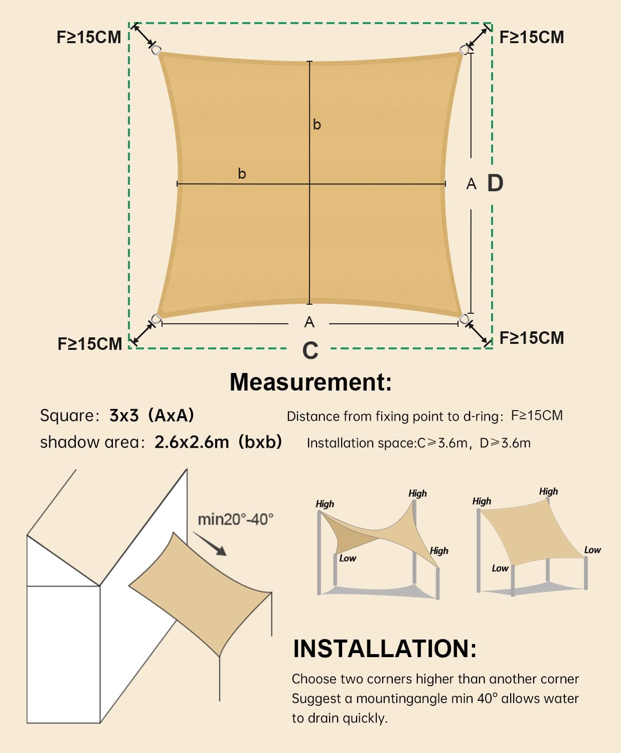 LOVE STORY Zonneschermdoek 5x5m Rechthoekig Zonwering Waterdicht UV-Bescherming Polyester voor Terras, Tuin, Terrasoverkapping (Zandkleur)
