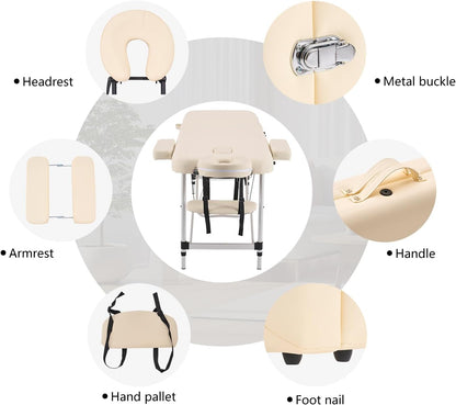 Massagetafel Beige – Behandeltafel – Massagebed – Tattootafel – Cosmetische Tafel – Opvouwbaar, Lichtgewicht Aluminium