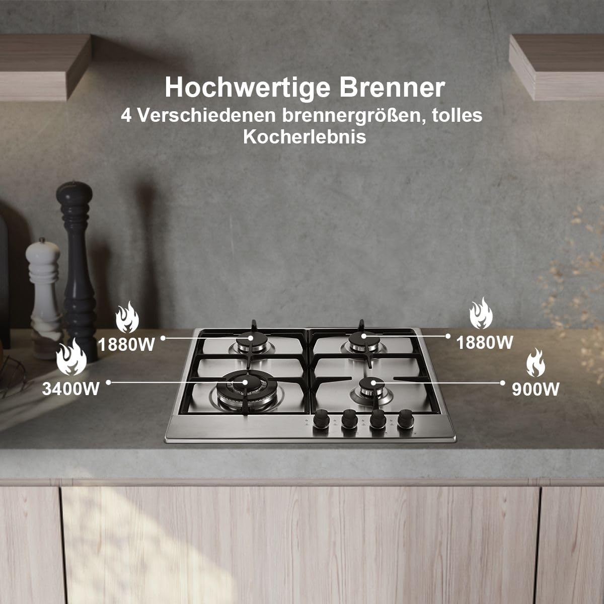 Gaskookplaat – Gasfornuis – Inbouwkookplaat – 4-pits Kookplaat – Gasstel – Roestvrij Staal – Automatische Vlambescherming – 8060 W Vermogen