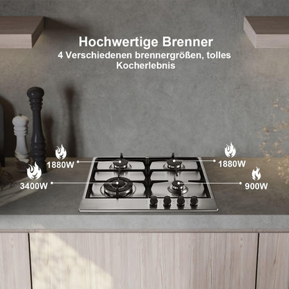 Gaskookplaat – Gasfornuis – Inbouwkookplaat – 4-pits Kookplaat – Gasstel – Roestvrij Staal – Automatische Vlambescherming – 8060 W Vermogen