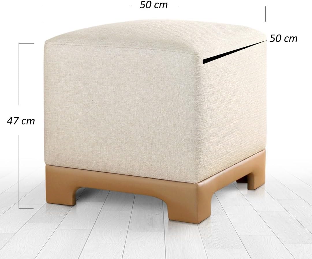 Stijlvolle poef, crème & beige, 50 x 47 x 50 cm, 50% katoen en 50% linnen, 35 DNS orthopedische spons, 6 cm dikte, faux lederen legs, modern comfort