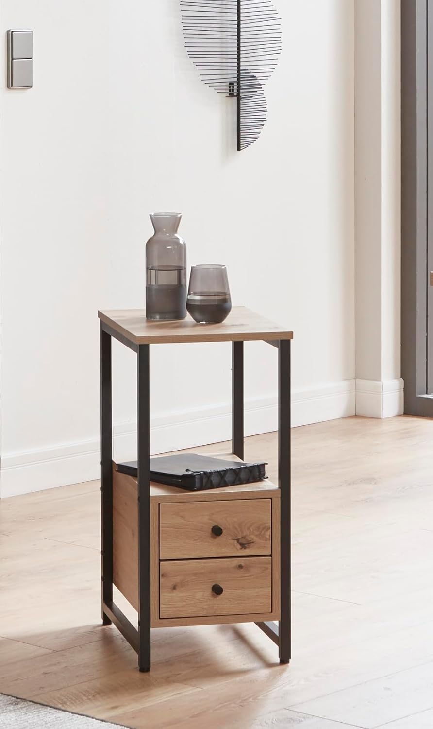 HAKU Bijzettafel eiken, zwart, Metaal, spaanplaat - Maat: B 30 cm x H 63 cm x D 40 cm, Stijl: Modern