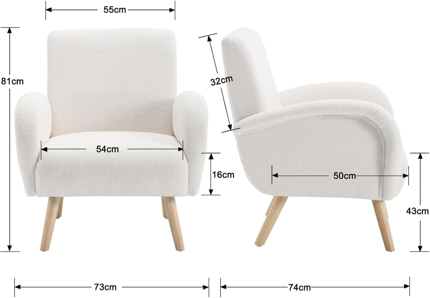 Armchair Upholstered Chair Modern Fur Chair with Wooden Legs Upholstered Chairs for Bedroom/Living Room White