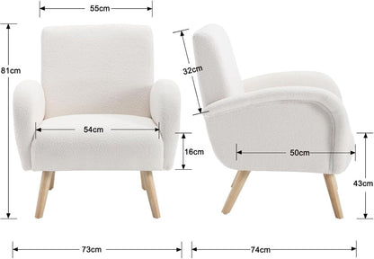 Armchair Upholstered Chair Modern Fur Chair with Wooden Legs Upholstered Chairs for Bedroom/Living Room White