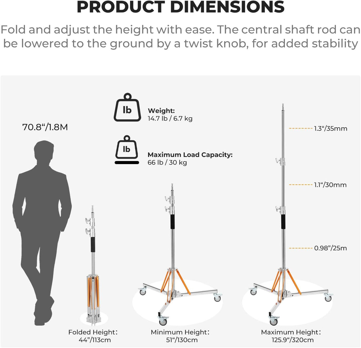 Lichtstatief met wieltjes – Lampstatief – C-statief – C-standaard – Fotografie-galgenstatief – Roestvrij staal – 30 kg draagvermogen, 130-330 cm verstelbaar