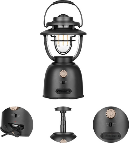 Campinglamp - Kampeerlamp - Dimbare Retro Campinglantaarn - Verstelbaar - Draagbare - met Dubbele Lichtbron - Noodstroombank - USB Oplaadbaar - voor Buiten - Camping - Noodsituatie - IPX5 Waterdicht - 500Lm - 16000 mAh - 12.3 x 22.5 x 12.3 cm - Zwart
