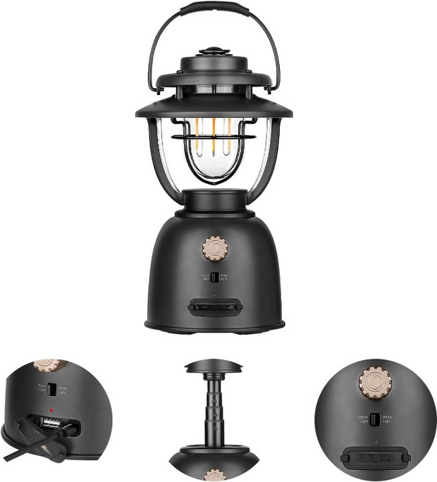 Campinglamp - Kampeerlamp - Dimbare Retro Campinglantaarn - Verstelbaar - Draagbare - met Dubbele Lichtbron - Noodstroombank - USB Oplaadbaar - voor Buiten - Camping - Noodsituatie - IPX5 Waterdicht - 500Lm - 16000 mAh - 12.3 x 22.5 x 12.3 cm - Zwart