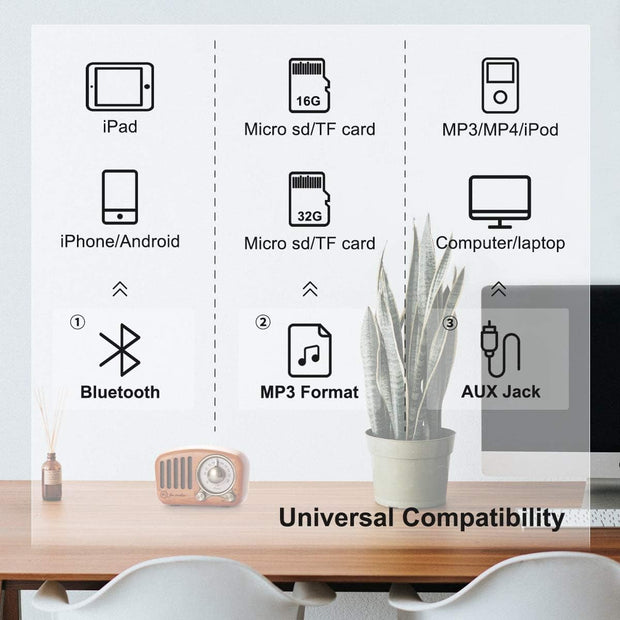 Draagbare Radio - Retro Radio - met FM - MP3-speler - via SD - Bluetooth - AUX - 270° Wijzerplaat - Battery-Aangedreven - 10.6 x 5 x 6.8 cm - Klassiek Kersenhout