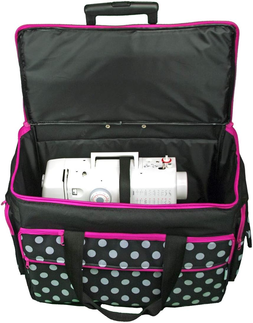 Trolleytas voor naaimachine met wielen – Naaimachinetas – Transporttas – Opbergtas – Beschermtas – Zwart met Witte Stippen en Roze Rand – 53 x 41 x 29 cm – Dubbele Wielen en Uitschuifbare Vergrendelbare Telescoopgreep