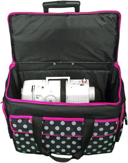 Trolleytas voor naaimachine met wielen – Naaimachinetas – Transporttas – Opbergtas – Beschermtas – Zwart met Witte Stippen en Roze Rand – 53 x 41 x 29 cm – Dubbele Wielen en Uitschuifbare Vergrendelbare Telescoopgreep