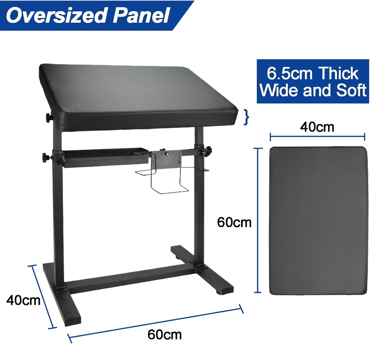 In hoogte verstelbare tattoo-armleuning XL (60 x 40 cm) met 340° draaifunctie, stabiele roestvrijstalen basis en PU-lederen bekleding, inclusief opbergrek voor pigmenten/handschoenen