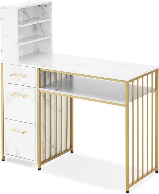 Nageltafel – Bureau – Make-Uptafel – Schrijftafel – Manicuretafel – Wit MDF Hout – Met Metalen Frame – 3 Lades – Open Opbergruimte – 43x108x125 cm