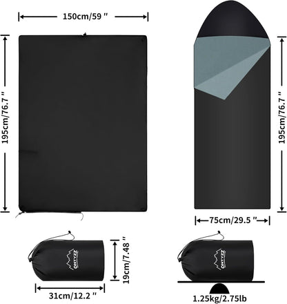 Picknickdeken, 150 x 200 cm, campingdeken, ultralicht, warm, outdoor deken, waterdichte slaapdeken met Crystal Velvet voering, draagbare slaapzak, winddichte poncho voor reizen, stadion, concerten