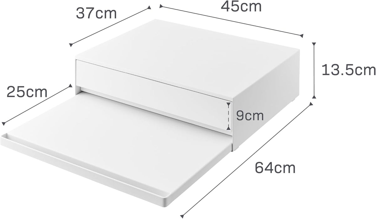 Yamazaki 2007 TOWER Sliding Countertop Tray with Drawer, white, Steel/Polypropylene/Silicone, 45 x 39.3~64 x 13.5 cm