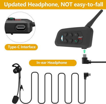 EJEAS V4C Bluetooth intercom headset, waterdicht, communicatiesysteem voor 4 personen, binnen bereik van 1500 m, motorhelm, intercominstallatie, compatibel met EUC-afstandsbediening, USB-C (2 stuks)