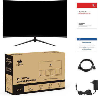 Z-Edge Gaming Monitor Gebogen 24'' 180 Hz/165 Hz/144 Hz, FHD (1920x1080), 1 ms MPRT, FreeSync, gamingmonitor met DP-kabel, 1650R VA, 300cd/m², HDMI 2.1 & DP 1.4, Verstelbare Kanteling, 178° kijkhoek