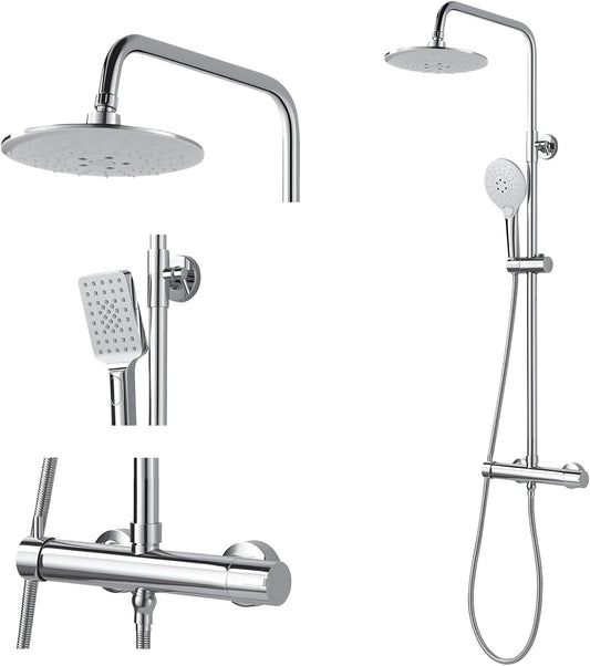 Shower Mixer Set, Round Rain Shower Head and Hose Set with 21cm Rain Shower Head, 3 Jet Types Hand Shower, Non-slip Handle, Height Adjustable Brass Shower System, Double Outlet, Chrome - QUORE