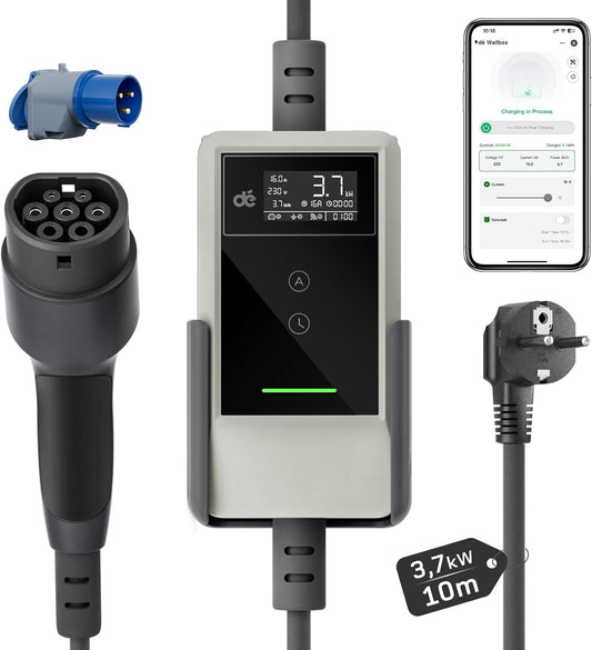 dé EV Charger Type 2 met APP 3,7kW [10m, 1-Fase, 6-16A] Thuislader Type 2 Wit met Digitaal Display, Instelbare Stroom, EV Oplader 3,7kW voor Model Y/3, ID.3/4, EX30, Enyaq en andere EV/PHEV