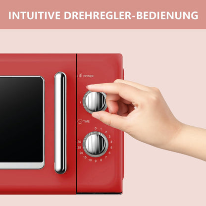 Retro Magnetron – Compacte Magnetron – Vintage Magnetron – Keuken Magnetron – Elektrische Magnetron – 20 Liter Inhoud – 700 Watt Vermogen – 6 Stands – Timer Met Eindsignaal – Rood Met Verchroomde Knoppen