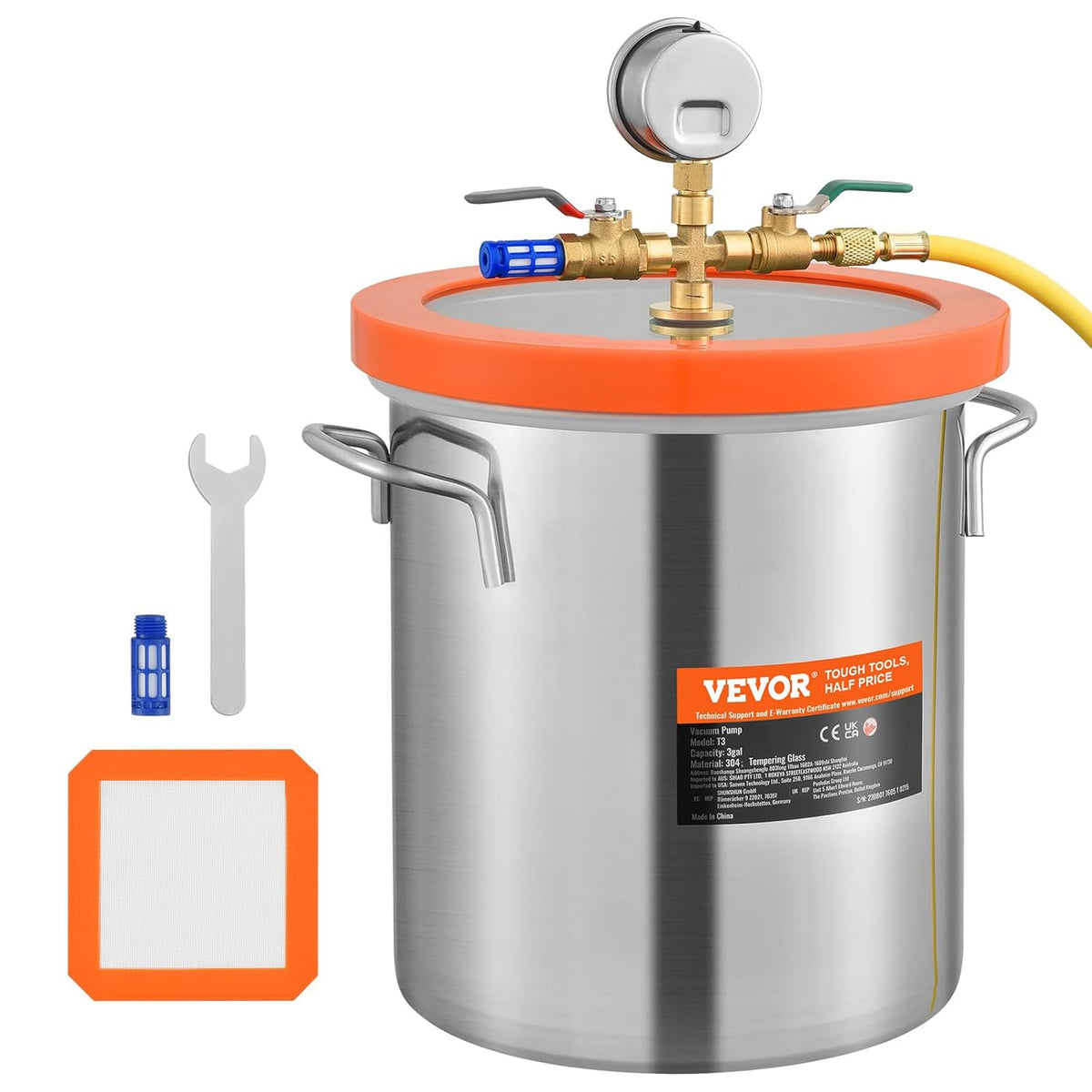 VEVOR Vacuümkamer 5 gal 19 l container voor vacuümpomp deksel gehard glas ontgassing kamer 304 roestvrij staal vacuümcontainer voor houtstabilisatie ontgasser siliconen hars