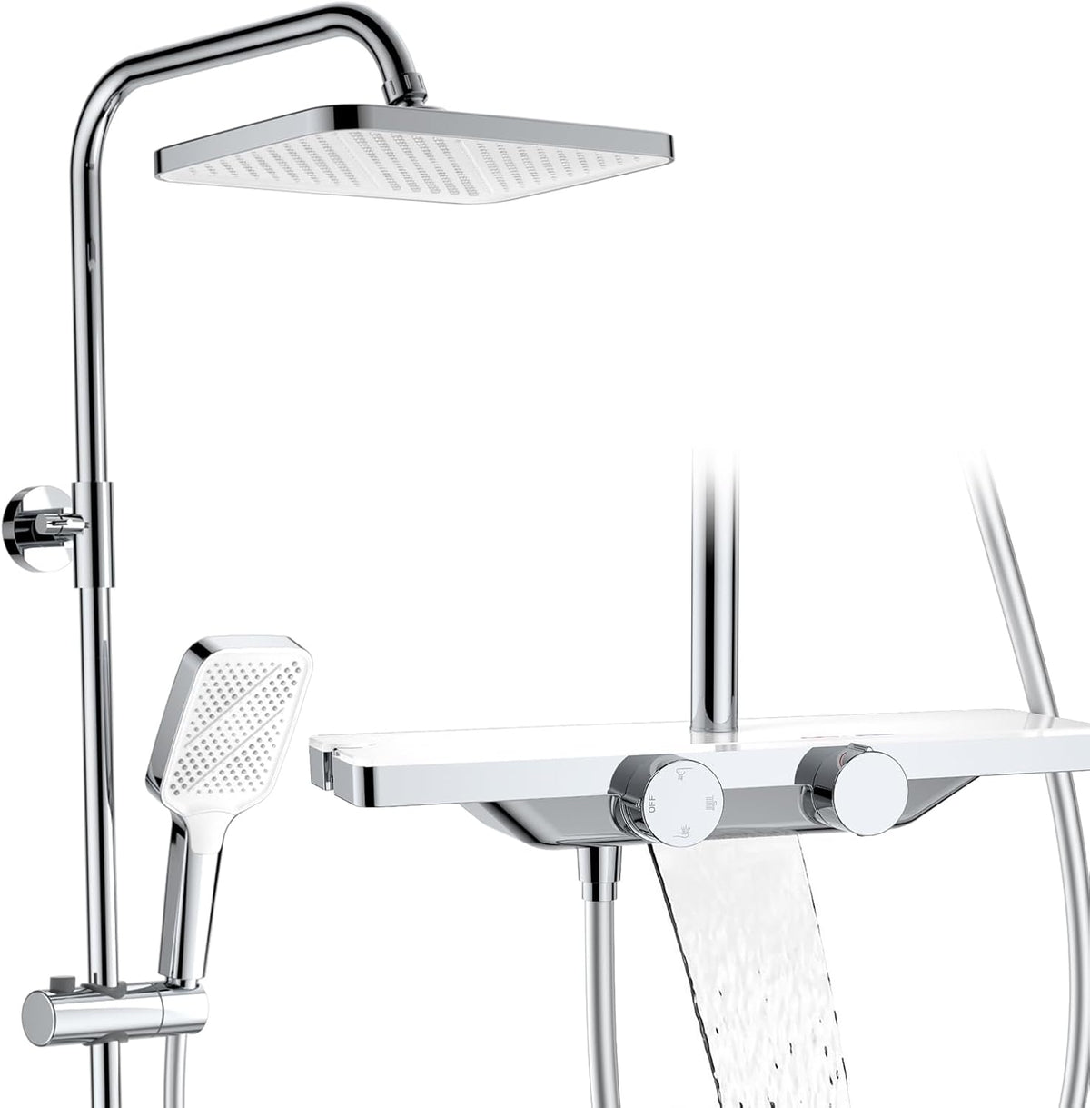 Thermostaat Douchesysteem – Regendouche – Handdouche – Watervalletuit – Douchepaneel – Glasplank 40x10 cm – Veilig 38°C Temperatuurstop – 12 inch 360° Draaibare Regendouchekop