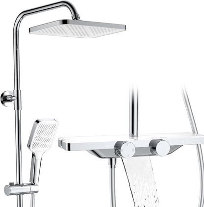 Thermostaat Douchesysteem – Regendouche – Handdouche – Watervalletuit – Douchepaneel – Glasplank 40x10 cm – Veilig 38°C Temperatuurstop – 12 inch 360° Draaibare Regendouchekop