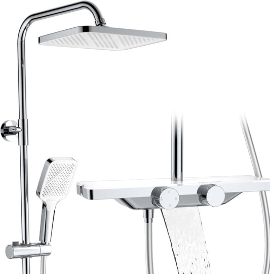 Thermostaat Douchesysteem – Regendouche – Handdouche – Watervalletuit – Douchepaneel – Glasplank 40x10 cm – Veilig 38°C Temperatuurstop – 12 inch 360° Draaibare Regendouchekop