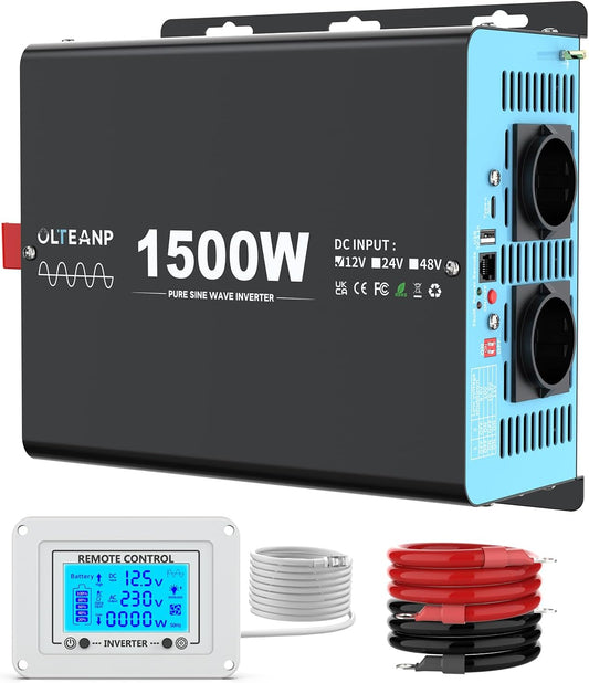 1500W Pure Sine Wave Power Inverter 12V to 230V Car Voltage Converter with LCD Display Remote Control, 2 AC Sockets, USB & Type-C Port, Solar Power Inverter for Caravans - QUORE