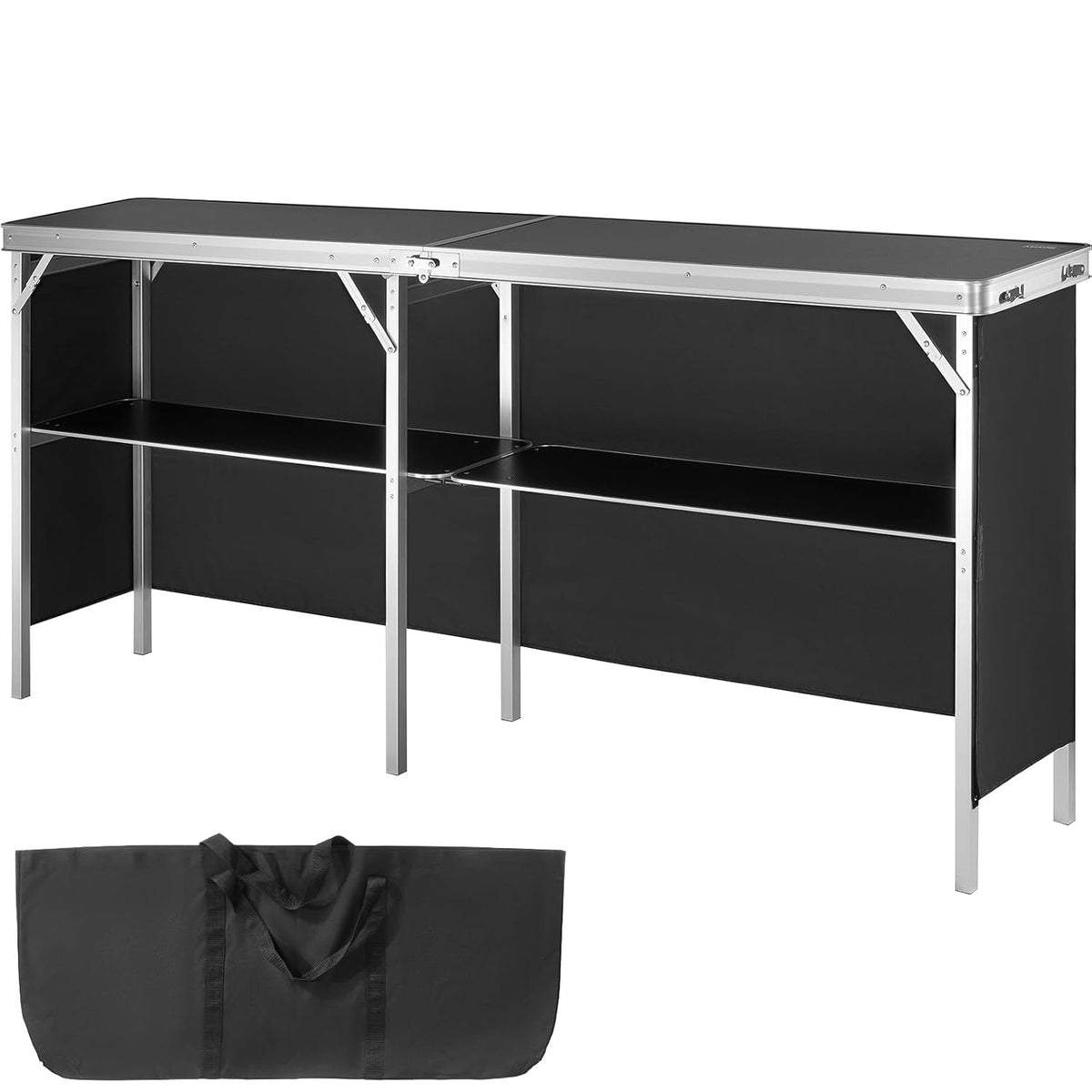 VEVOR Stand voor beurzen, woonkamer, 195 x 38,5 x 88 cm, extra lange en draagbare opvouwbare bartafel met draagtas, opbergrek en zwarte rok, voor feest, picknick, commerciële tentoonstelling