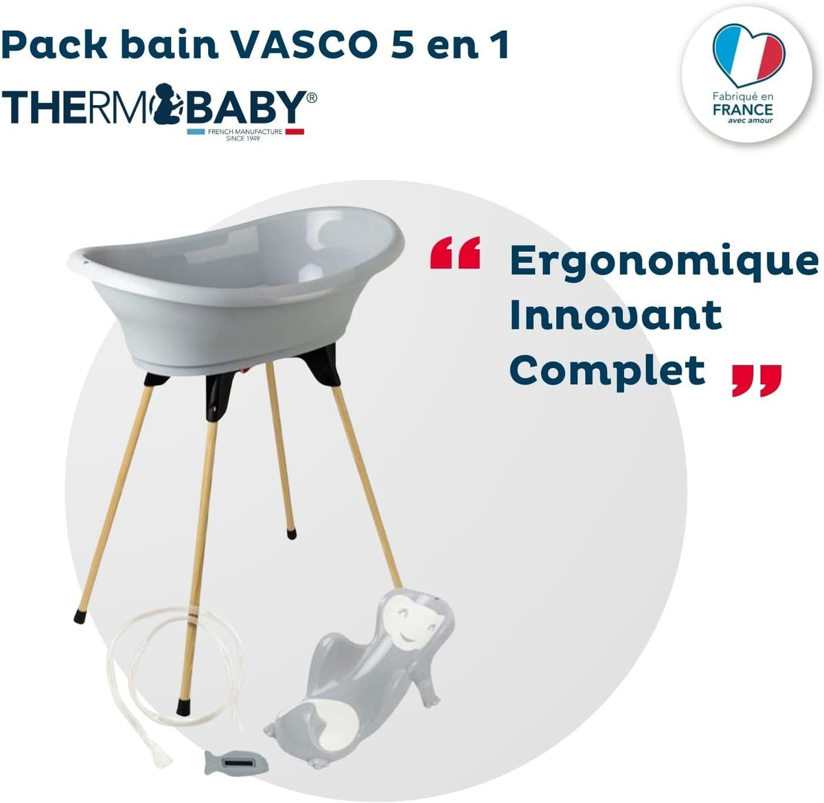 THERMOBABY - VASCO 5-in-1 babybad – badkuip, houten voet, afvoerslang, badstoel, thermometer – charmegrijs – opvouwbaar en stabiel – gemaakt in Frankrijk