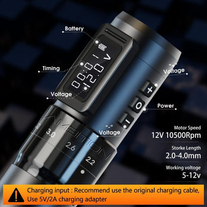 Ambition Mars-U Tattoo Kit Draadloze Tattoo Pen met Dubbele 1800mAh Batterijen, Verstelbare Slag en 20 Glory Naaldpatronen in Gemengde Maten voor Professionals en Beginners
